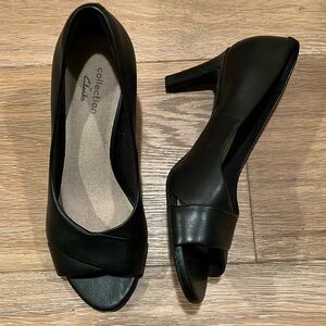 Clarks Black Peep-Toe Mid-Heel Pumps